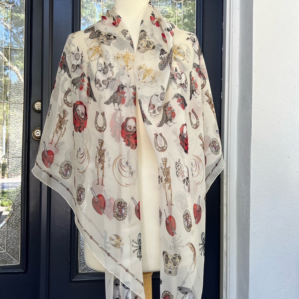 NWT Alexander McQueen Jeweled Trinkets Ivory Silk Scarf